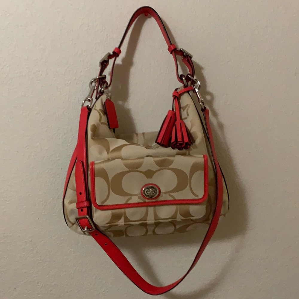 Coach Legacy Signature Kourtney Canvas Coral Silver Crossbody Shoulder Hobo